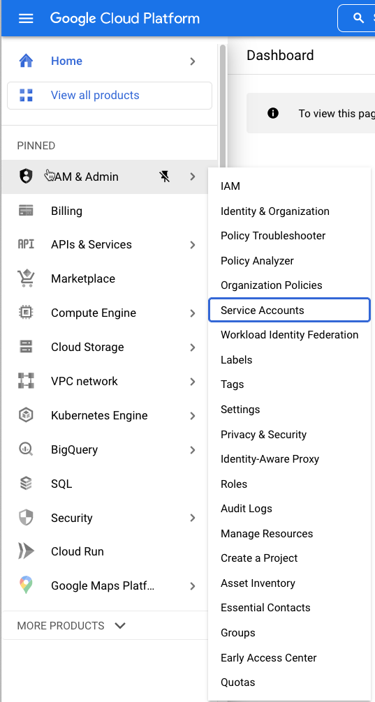 IAM & Admin Service Accounts