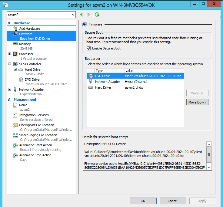 Install VM - Disable Secure Boot - Win 2012R2